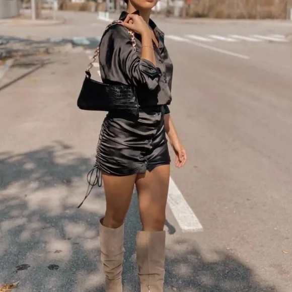 BRAND NEW - Zara Black Draped Ruched Satin Effect Short Shirt Dress - Small - Picture 7 of 11